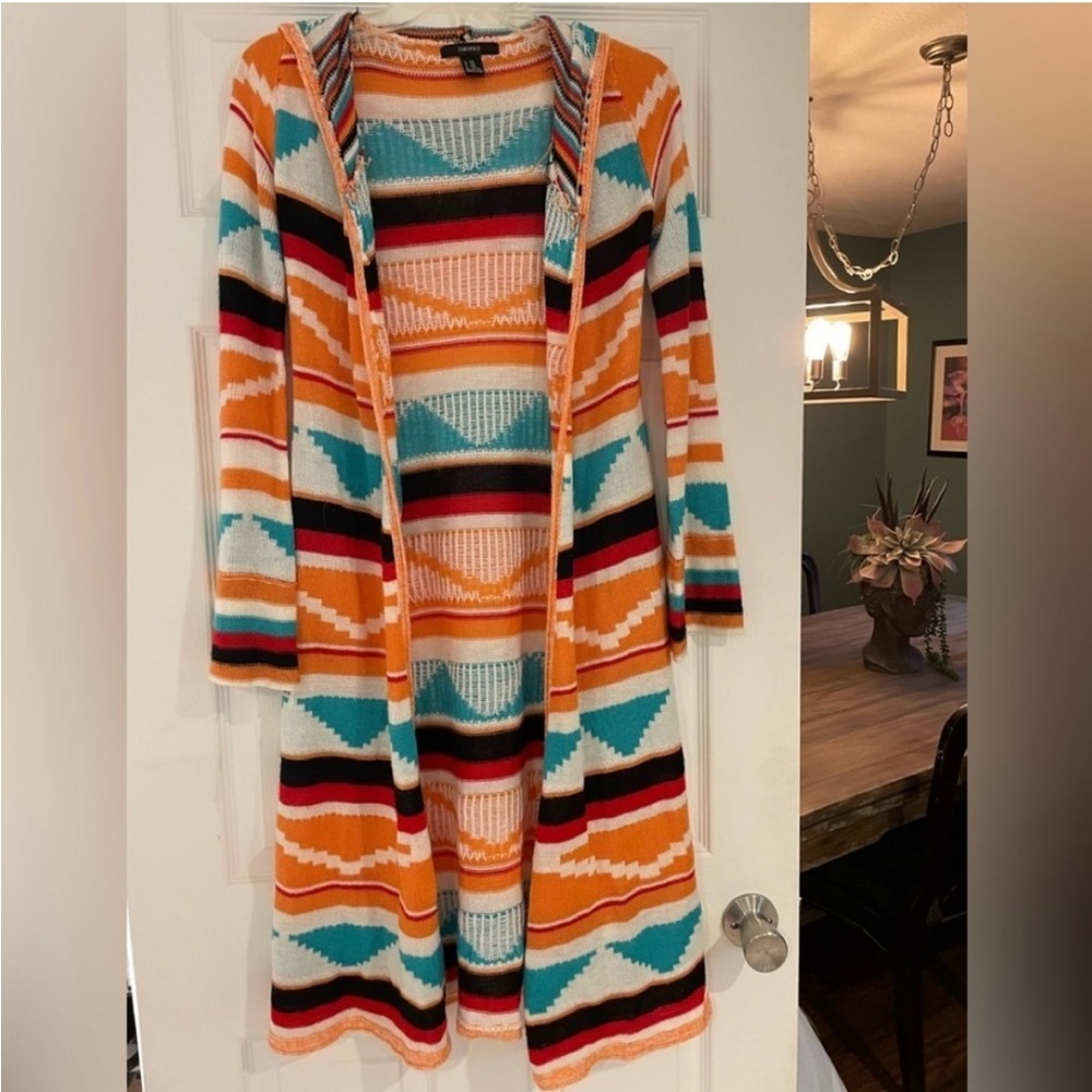 FOREVER 21 Long hooded open front cardigan in Southwest print